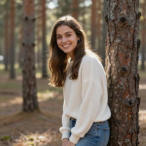 Joyful Woman in Sunlit Pine Forest