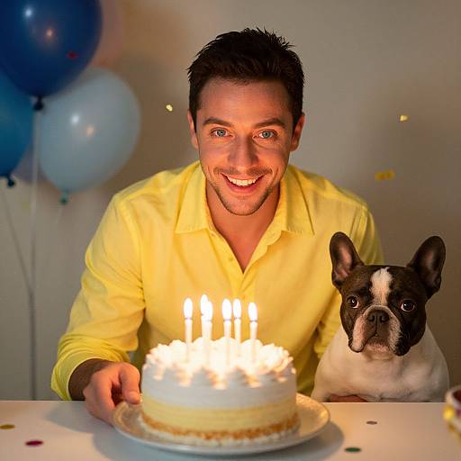 Photograph of a smiling man in a yellow shirt, holding a candlelit birthday cake with a French Bulldog beside him, blue and white balloons in