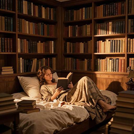 Photograph of a woman with wavy brown hair, wearing a beige dress, reading a book in a dimly lit, wooden bookshelf-filled room