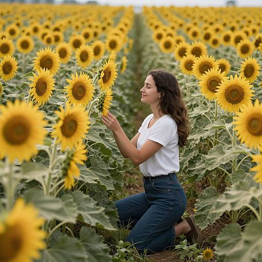 Photograph of a smiling woman with curly brown hair, wearing a white t-shirt and blue jeans, kneeling in a vast sunflower field, gently touching