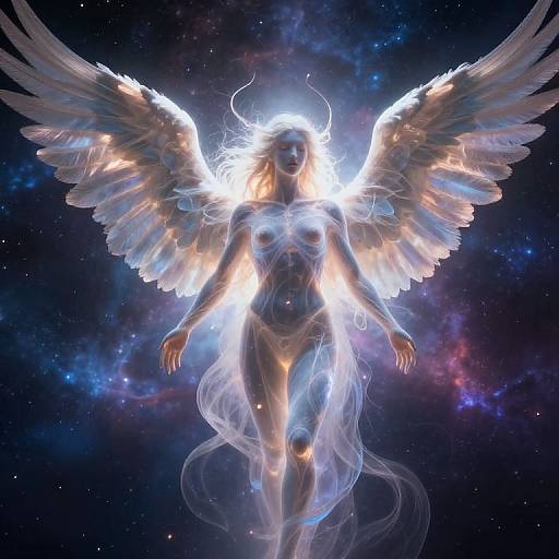 Digital art of a glowing, ethereal angel with large, radiant white wings and flowing translucent veil, set against a cosmic, star-filled background.