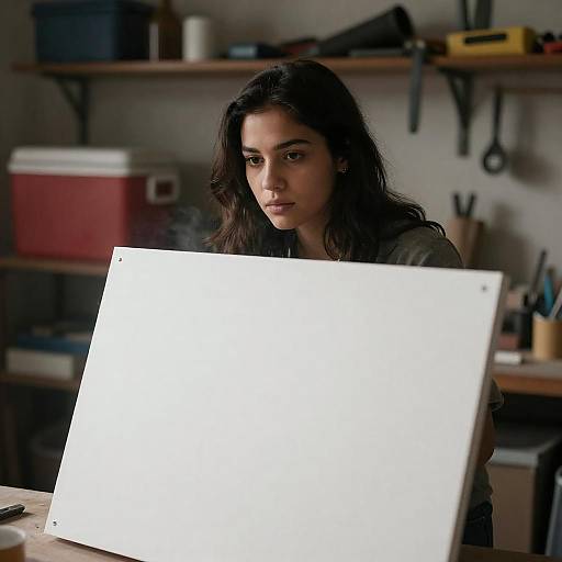 Woman Peering Over Illuminated Panel
