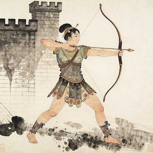 Edo Style Ink Illustration of Amazon Queen Penthesilea