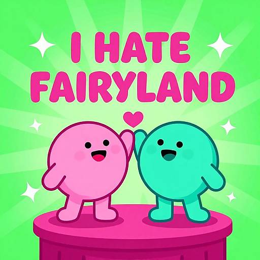 Digital cartoon of two cute, round, pastel-colored characters (pink and blue) standing on a pink platform, with 