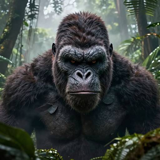 Photorealistic CGI of a massive, intense-eyed gorilla with dark fur and pronounced brow ridges, standing in a misty jungle surrounded by lush
