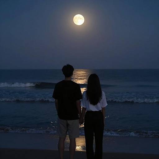 Couple Holding Hands on Moonlit Beach