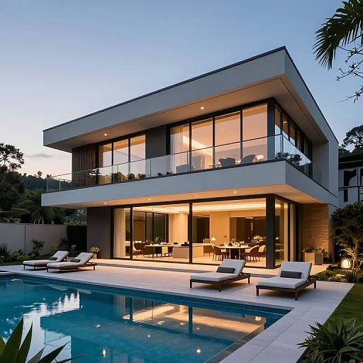 Photograph of a modern, two-story house at dusk, illuminated by warm interior lights, with a pool, lounge chairs, and lush greenery.