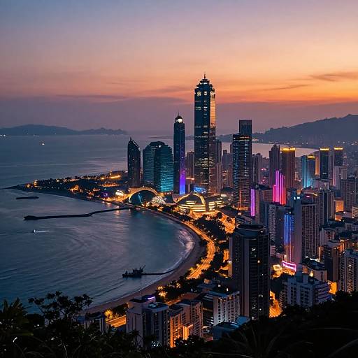 Photograph of a vibrant city skyline at sunset, featuring illuminated skyscrapers, neon lights, and a curved coastline along a calm sea.