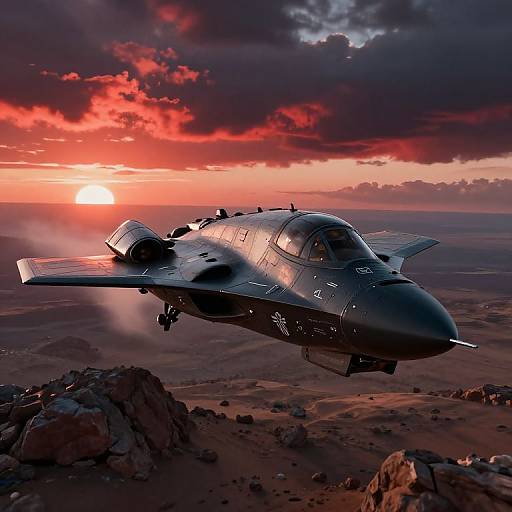 Photograph of a sleek, dark-gray military jet in mid-flight against a dramatic sunset sky with red and orange clouds, flying over rocky terrain below.