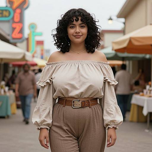 Photograph of a curly-haired woman with medium skin tone, wearing off-shoulder white blouse and high-waisted brown pants, standing in a