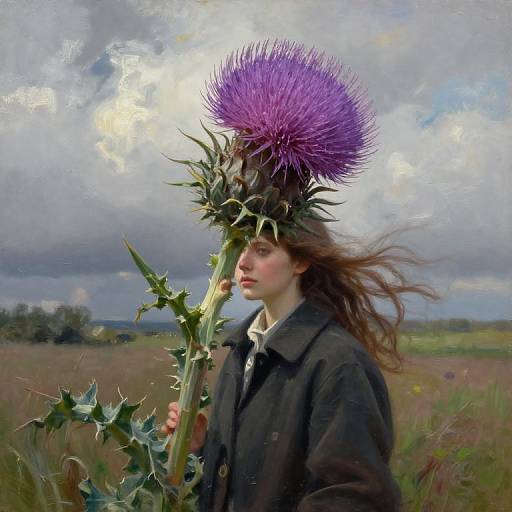 Photorealistic painting of a young woman with long brown hair, wearing a black coat, holding a large purple thistle flower, against a cloudy sky