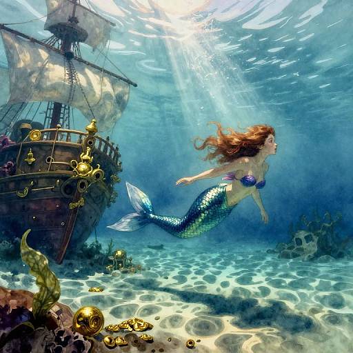 Digital illustration of a mermaid with flowing red hair swimming past a sunlit, shipwrecked wooden pirate ship underwater, surrounded by golden treasures and