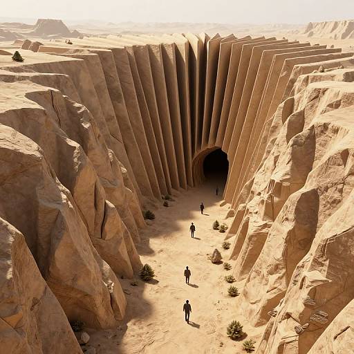 Photorealistic CGI of a massive, towering desert canyon with steep, sandy rock walls and a dark, shadowy entrance. Three tiny, distant figures