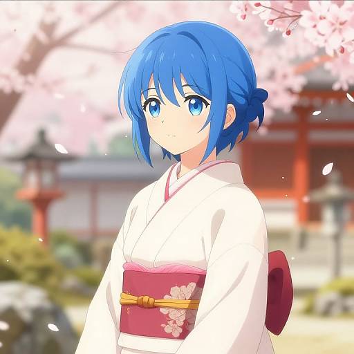 Anime-style digital drawing of a blue-haired girl with large blue eyes, wearing a white kimono with a red floral obi, standing under cherry bloss