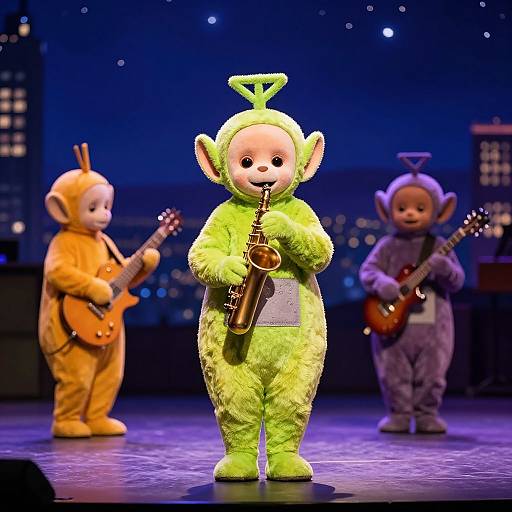 Photograph of three child-sized, furry costume characters on stage, playing musical instruments: green monkey with saxophone, orange monkey with guitar, purple monkey