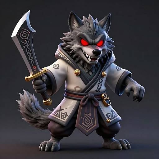 CGI image of a fierce, anthropomorphic wolf with glowing red eyes, holding a curved sword, wearing a white, ornate robe with gold buttons