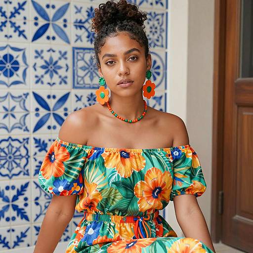 Woman in Vibrant Floral Dress with Blue Tiled Background