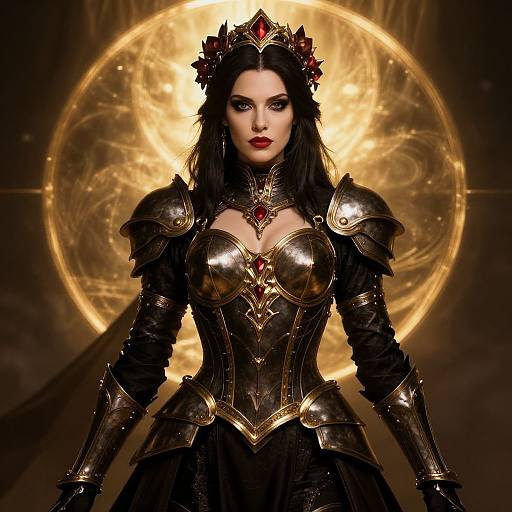 Photorealistic digital art of a dark-haired, pale-skinned woman in gold and black armored dress, crowned, with red gem, against a glowing