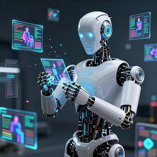 CGI image of a white, glowing humanoid robot with blue eyes, interacting with floating holographic screens displaying colorful data and icons in a futuristic, dark