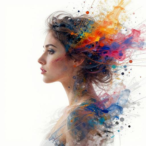 Digital portrait of a side-profile woman with colorful abstract splatters in her hair and shoulder area, set against a white background.