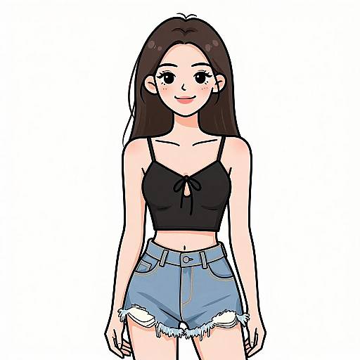 Digital anime-style drawing of a smiling young woman with long dark brown hair, wearing a black crop top and frayed blue denim shorts.