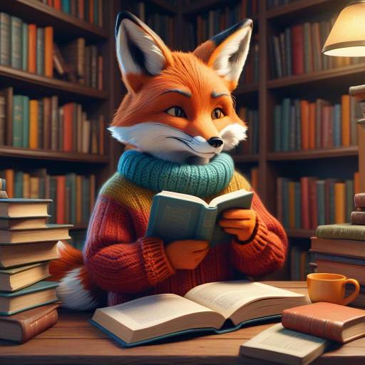 Fox in Sweater Reads in Cozy Library