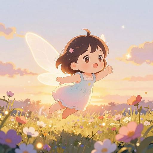 Chibi anime girl with brown hair and pink flower, wearing white dress, jumping joyfully in vibrant field of flowers at sunset.