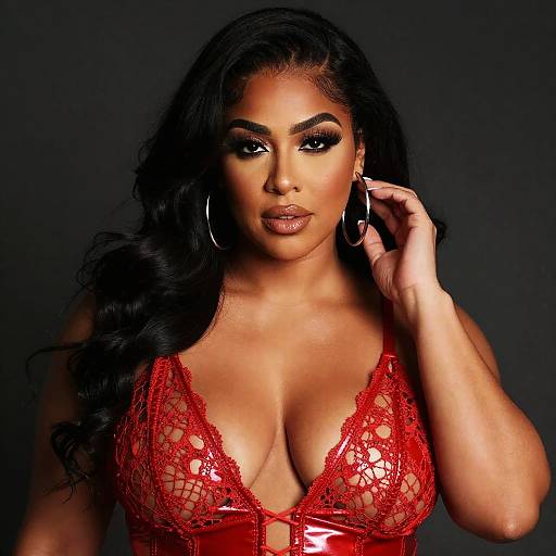 Photograph of a confident, dark-skinned woman with long black hair, wearing a red lace, deep plunging, sheer bralette, and large