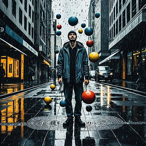 Surreal Street Juggler in Rain