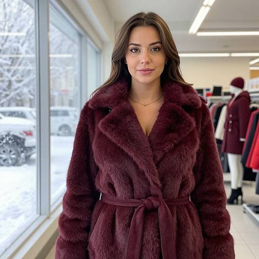 Photograph of a woman with long brown hair wearing a deep burgundy fur coat, standing in a brightly lit clothing store with snow-covered windows and red