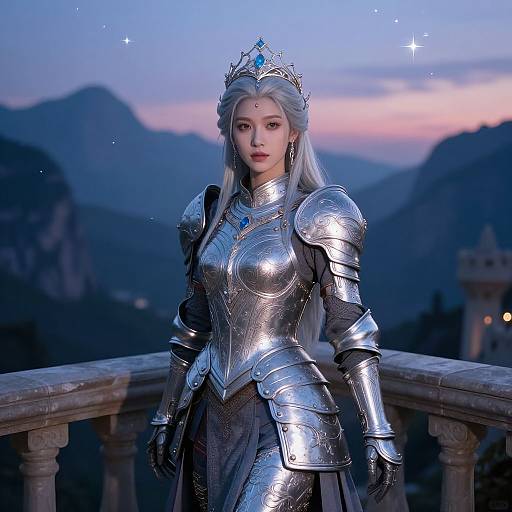 Photorealistic digital art of a young woman with silver hair, wearing silver armor and a blue gemstone crown, standing on a wooden balcony at twilight