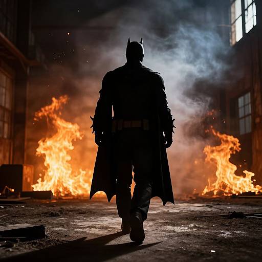 Photograph of Batman's silhouetted figure walking toward intense orange flames and blue smoke in a dark, abandoned warehouse.