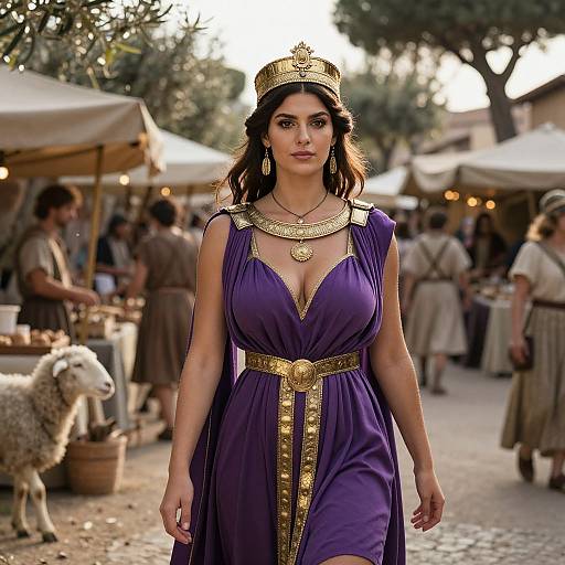 Photograph of a regal woman with dark hair, wearing a gold crown, purple dress with gold accents, walking through a bustling ancient market, surrounded