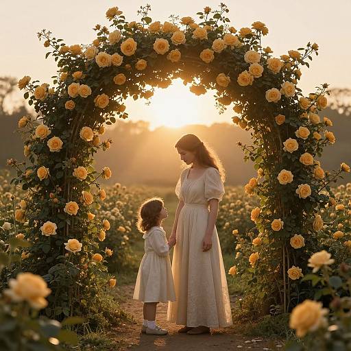 Photograph of a mother and daughter in white dresses, standing under an arched floral trellis with yellow roses, during a golden sunset in a