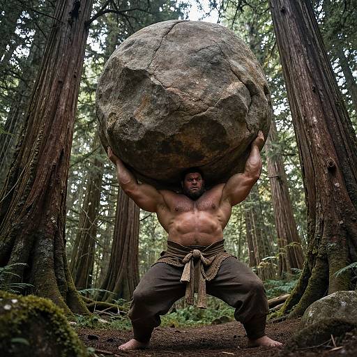 Photograph of a muscular, shirtless man with dark skin, wearing brown pants and a tied sash, lifting a massive rock in a dense,
