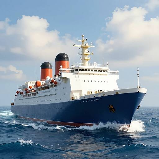 Photograph of a large white and blue ocean liner with two red and black smokestacks, sailing on choppy blue waters under a partly cloudy sky
