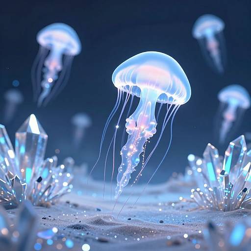 Photograph of glowing blue jellyfish with translucent umbrellas and long, trailing tentacles, floating above a sandy ocean floor with sparkling crystals in a dark