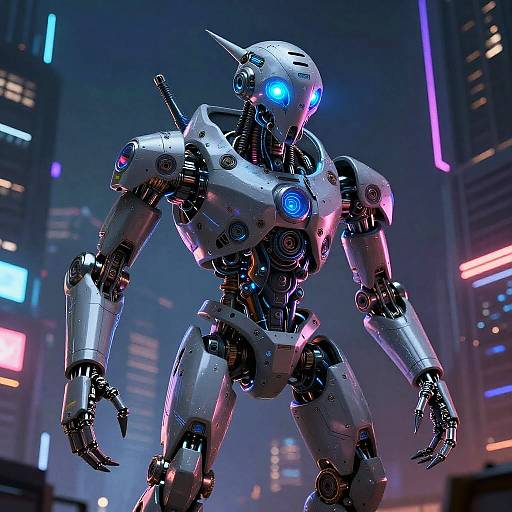 CGI image of a futuristic, silver robotic humanoid with glowing blue and pink lights, standing in a neon-lit cityscape at night.