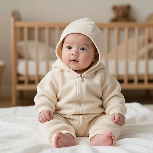 Photograph of a chubby, fair-skinned baby with blue eyes, wearing an off-white hooded onesie, sitting on a white blanket in front