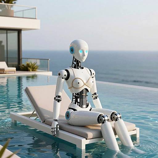 Photorealistic CGI of a white, humanoid robot with blue accents, sitting on a poolside lounge chair, overlooking a calm ocean.