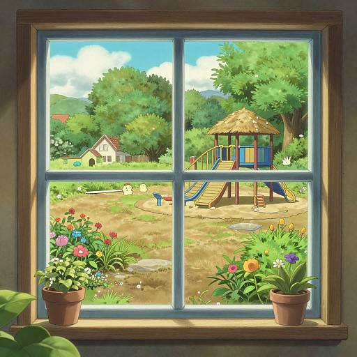 Bright, sunny backyard view through a window: colorful flowers in pots, playhouse with slide, trees, small house, blue sky, and a dog