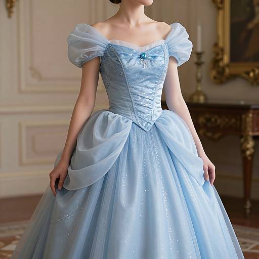 Photograph of a young woman in a light blue, off-the-shoulder, puffed-sleeve, sparkling ball gown, standing in an
