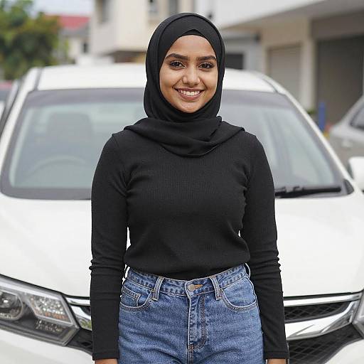 Photograph of a smiling woman in a black hijab and long-sleeve top, wearing high-waisted blue jeans, standing in front of