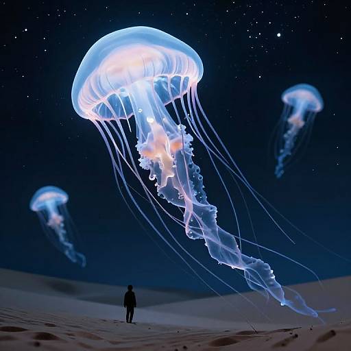 Photograph of glowing blue jellyfish with long, flowing tentacles against a starry night sky, with a lone figure standing on a sandy dune