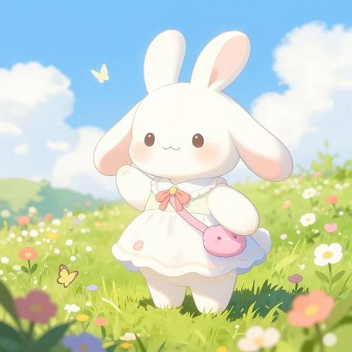 Cute white bunny in a pink-bow dress and pink satchel, standing in a sunny, colorful meadow with butterflies and flowers. Digital