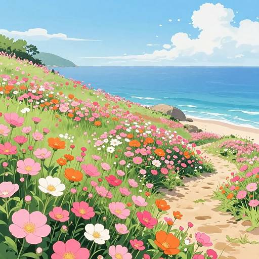 Bright, colorful digital illustration of a beachside meadow with pink, orange, and white flowers, winding path, and clear blue ocean.