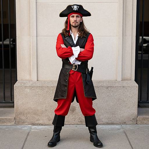 Photograph of a long-haired man in a red pirate costume with black coat, white gloves, and tricorn hat, standing confidently with arms crossed,