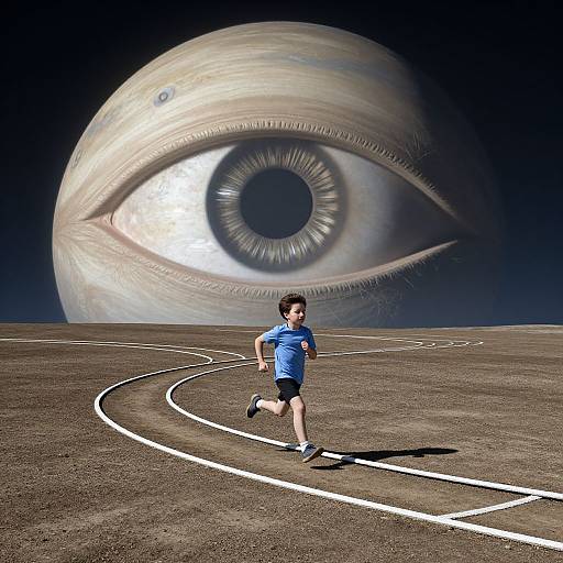 Photograph-like digital art of a young boy in blue shorts and shirt running on a track, with a giant, surreal eye in the background under a