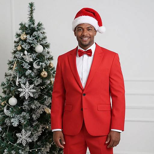 Photograph of a smiling Black man in a red Christmas suit and Santa hat, standing in front of a decorated, snow-frosted Christmas tree.