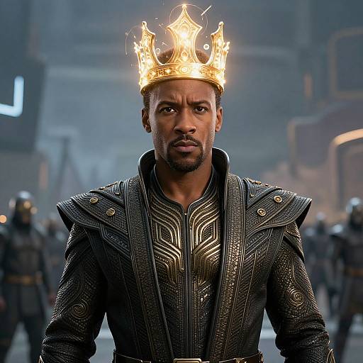 Photograph of a serious Black man with a glowing golden crown, wearing a textured black leather jacket and intricate shirt, standing in a foggy, futuristic